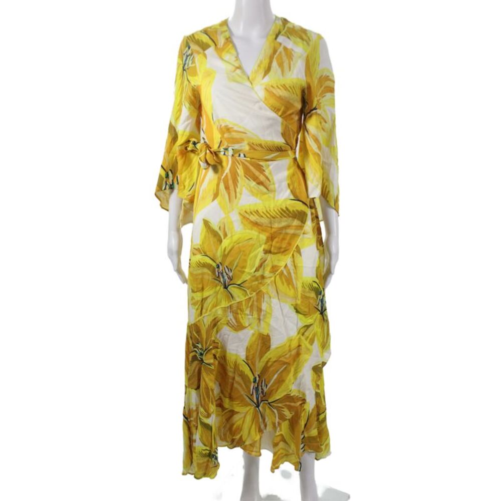 Farm Rio Women Maxi Silk White V-Neck 3/4 Sleeve Tie Mid-Calf Dress Size M